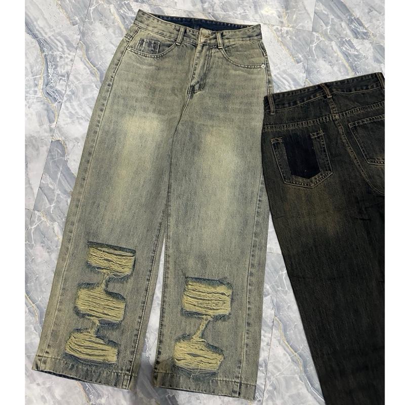 Có bigsize dài 90cm 4675-4676 Quần Jean Nữ Lưng Cao Ống Suông Rách Túi Sau Kiểu Dành Cho Nấm Lùn Ong Pants