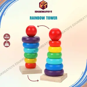 Mainan Edukasi Anak Rainbow Tower Kayu Donat Susun