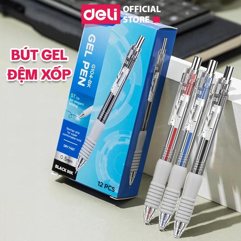 Combo 5 10 chiếc bút gel đệm xốp ngòi ST 0.5mm EG014 Deli - 3 màu: xanh đen đỏ- Đệm tay xốp siêu êm ái mực gel nhanh khô để ghi bài viết chữ Hán takenote bút kí