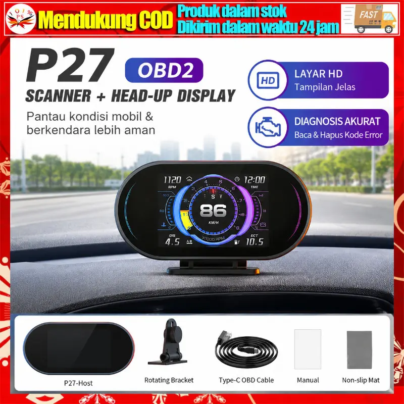 P27 Car Smart Gauge Mode Ganda Chip OBD+GPS HUD Smart Car Layar Display Hd Sistem Kode Kesalahan Bisa Dihapus Beragam Gaya Tampilan