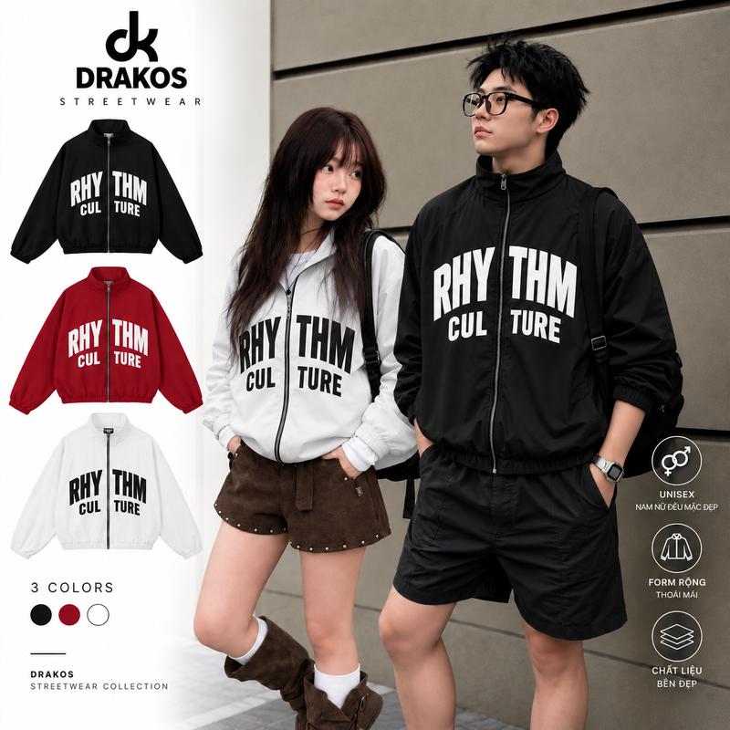 Áo Khoác Gió DRAKOS RHYTHM CULTURE chất liệu Polyester form Boxy, áo Jacket Unisex Nam Nữ Streetwear