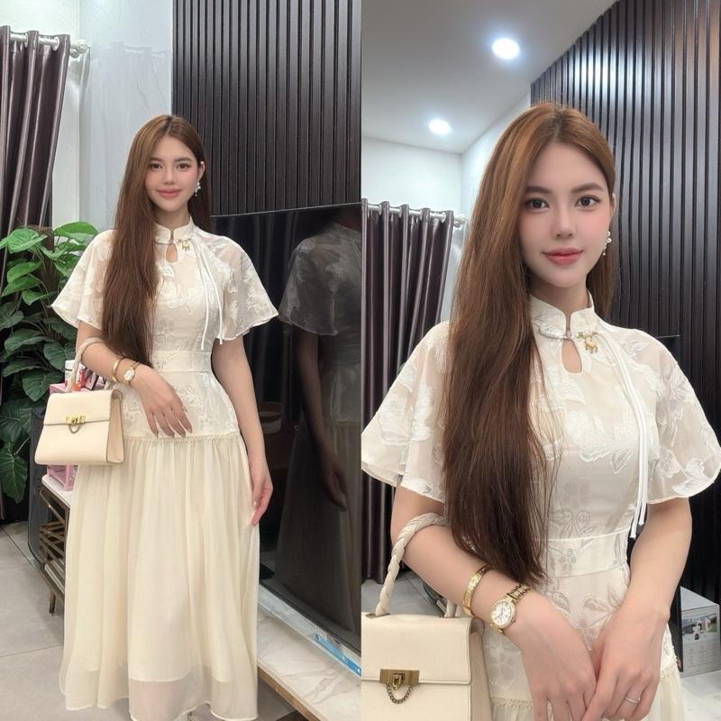  Váy thiết kế ED195 tiểu thư dáng dài xoè bay nhẹ nhàng phối khuy đẹp lạ hàng 2 lớp tay bèo rủ cổ tàu mở dc khuy vải tơ dệt mềm mát kèm túi giấy 