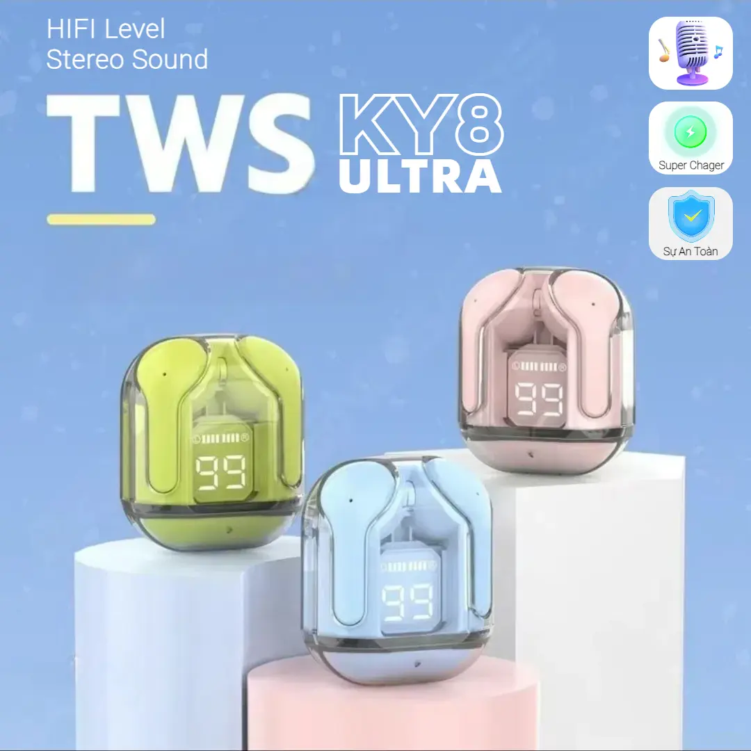 Tai Nghe KY8 ULTRA Thân Trong Suốt [Quà tặng] Bao tay chơi game, Âm thanh nổi không dây thực sự với màn hình kỹ thuật số, Micrô tích hợp