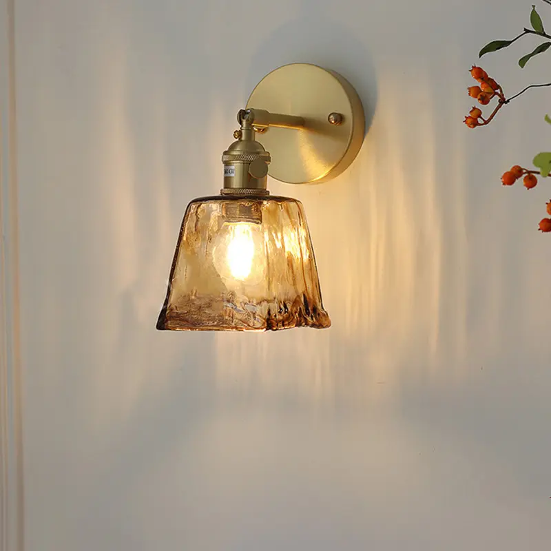 Japanese retro brass glass wall lamp simple modern bedroom headboard aisle lamp Nordic creative background Wall luminaire