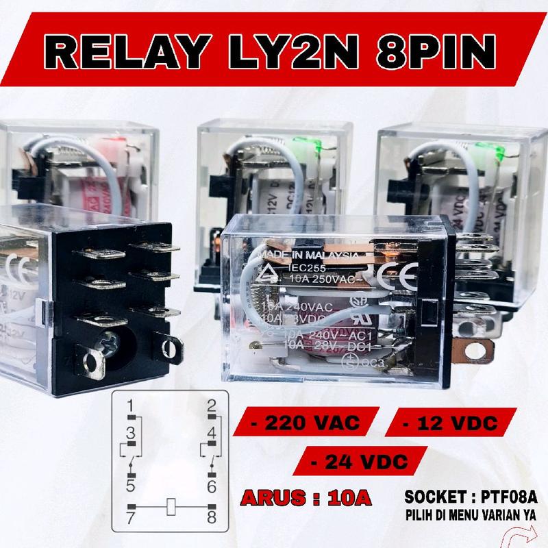 Relay LY2N LY2-N 8 Pin Kaki 220VAC 24DC 12VDC UNTUK Socket PTF08A-E ...