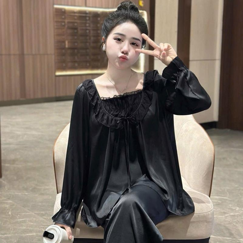 Sét đồ ngủ pijama cổ vuông bèo chất lụa latin nút ngọc nhún bèo eo siêu tôn dáng về đủ màu (freesize 40-60kg) Nữ Áo Trắng Nho Voi