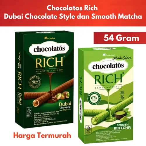 Chocolatos Rich Dubai Chocolate Style dan Smooth Matcha 54 Gram, Rasa Coklat Pistachio & Matcha