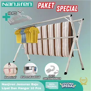 [Special Package] Nanjiren Jemuran Pakaian Lipat Protable Stainless Steel Anti Karat Bahan Kokoh Jemuran Pakaian 2 3 Tiang dan Hanger Jemuran Portable
