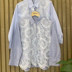 Kemeja Wanita Lengan Panjang Bahan Katun Garis Kombinasi Broklat Tile Kancing Aktif - Oversize Casual Baju Cewek