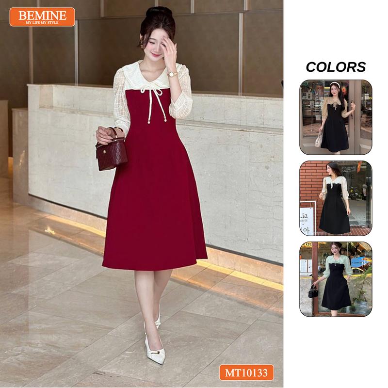  Đầm thiết kế BEMINE cổ V phối ren thêu hoa tay lửng dáng chữ A phù hợp đi làm đi chơI-MT10133 