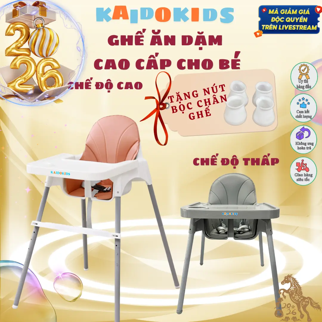 {KAIDOKIDS} Ghế ăn dặm, bàn ăn cho bé kèm mặt bàn, diều chỉnh 2 nấc 3 dây đai an toàn sử dụng cho bé từ 6 tháng đến 3 tuổi Voi Kem Nhựa.