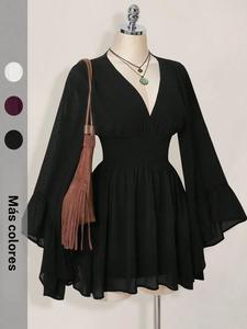 Vestido corto casual para mujer, lindo y elegante, de manga larga con cuello en V y cintura ceñida, corte acampanado; moda veraniega a la moda, perfecto para uso diario