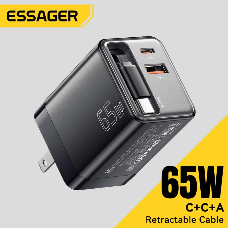 Bộ sạc GaN, Essager, 65W, với Cáp Có Thể Thu Vào Sạc nhanh PD, Thích hợp cho máy tính xách tay, Macbook, iPhone 16, 15, 14, Xiaomi, Bộ sạc điện thoại Type-C Phụ Kiện