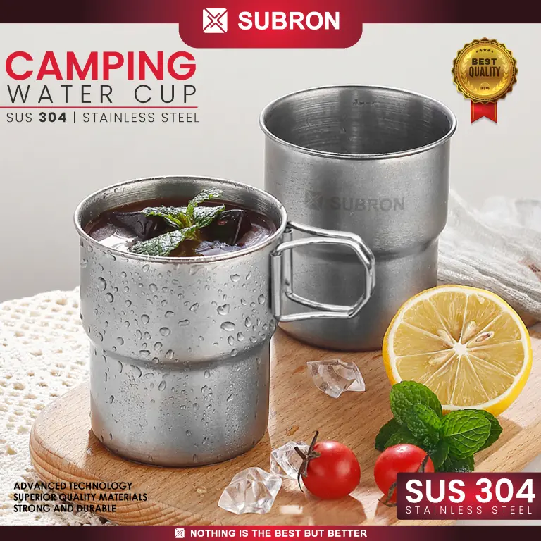 SUBRON Gelas Mini  Camping Outdoor Dengan Pegangan Lipat Handle Kayu 290ml Stainless SUS 304