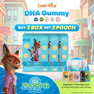 Cool-Vita - Disney Zootopia2 - 3 Box DHA Gummy + 2 Pouch DHA Gummy (Total 62 Gummy) Rasa Buah Mix Apel Mangga dan Jeruk Gummy Vitamin Anak (Mulai 3 Tahun) dan Dewasa| Gummy Bervitamin Dukung Tumbuh Kembang Otak Optimal| BPOM & HALAL