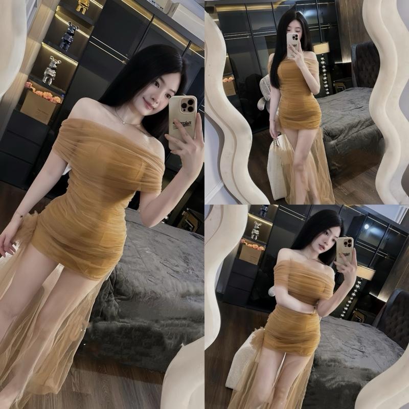 Đầm dự tiệc trễ vai phối lưới ôm body chân váy đuôi cá xoè, đầm lưới trễ vai nhún eo chân váy xoè sang trọng đi tiệc đi chơi cúp dam duoi