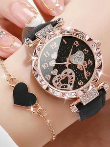 Juego de 4 piezas para mujer: reloj de cuarzo con strass y pulsera de cuero (sin caja)