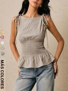 Top de mujer a cuadros con cuello barco y lazada en la cintura, dobladillo con volantes y tiras para los hombros; estilo tank top, lindo, Y2K, ideal para el trabajo diario, con tejido elástico