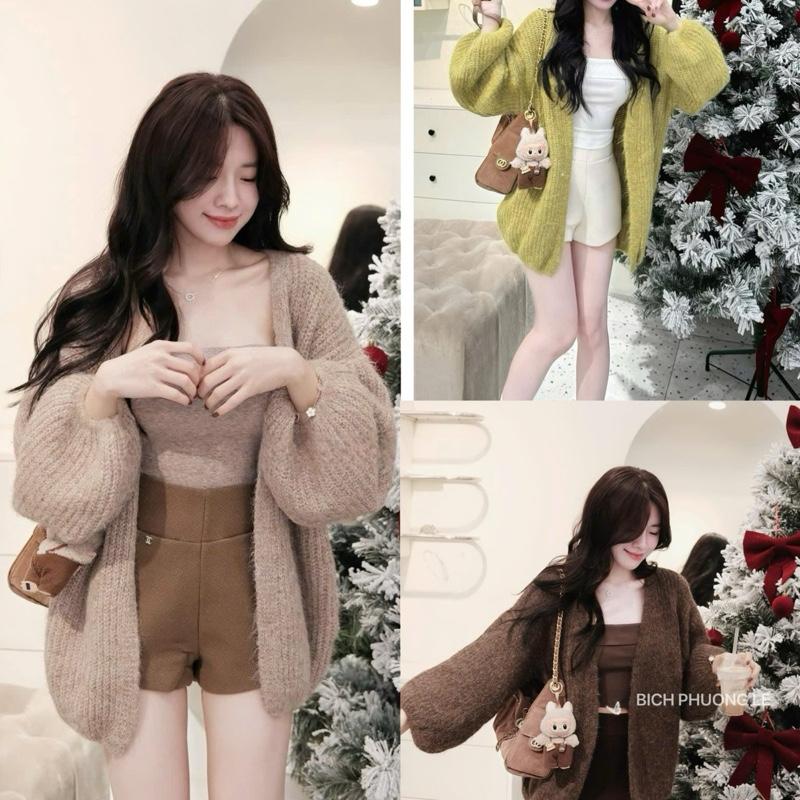 Áo cardigan len lông thỏ xù trơn basic dáng dài thu đông Hàng qc có sẵn