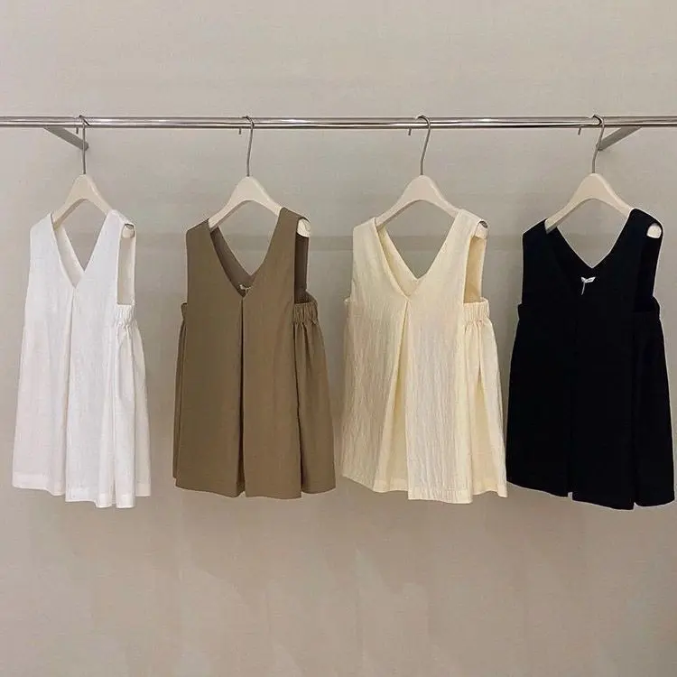 V Neck Tanks Camis Loose  Pleated Solid Sleeveless Casual Tops