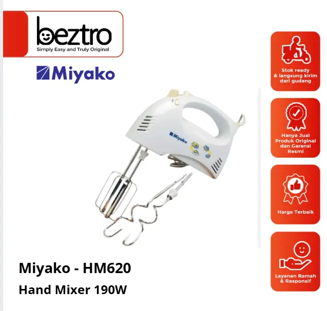 Miyako Hand Mixer HM-620 Listrik - Pengocok dan Pengaduk Kue Roti - Warna Putih