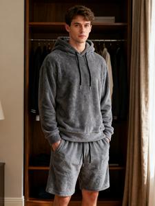 メンズ フラッフィー フリース ルームウェアセット、フード付きスウェットシャツとドローストリングショーツの2点セット、柔らかく快適なカジュアルトラックスーツ、家庭用＆デイリーウェア用