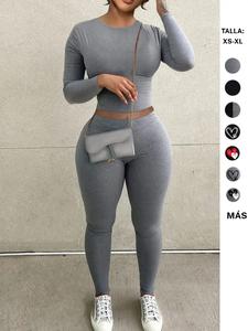 Conjunto de top corto y leggings casual para mujer, manga larga, traje de pantalón, diseño ajustado, patrón liso, moda de primavera y otoño, ropa deportiva de dos piezas