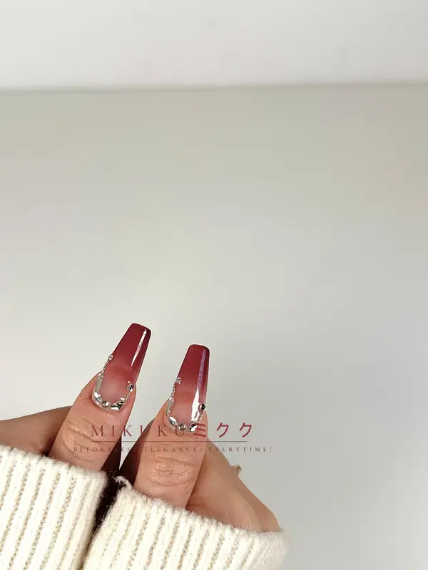 MKK2204 - Burgundy red nail art elegant/douyin style/Press on nails/Nail art/fake nails/press on nails/3D rhinestone/kuku palsu merah maroon glossy 2