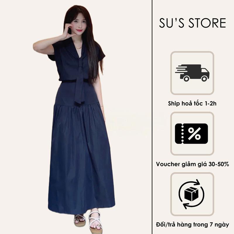 Set Đồ Nữ Áo Cộc Tay Cổ Vest Phối Nơ Thủy Thủ Kèm Váy Dáng Dài – Set Bigsize S746 Susstore Thời Trang Nữ
