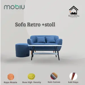 Sofa Retro 2 Seater Gratis Puff Furniture Busa dan Kayu Berkualitas
