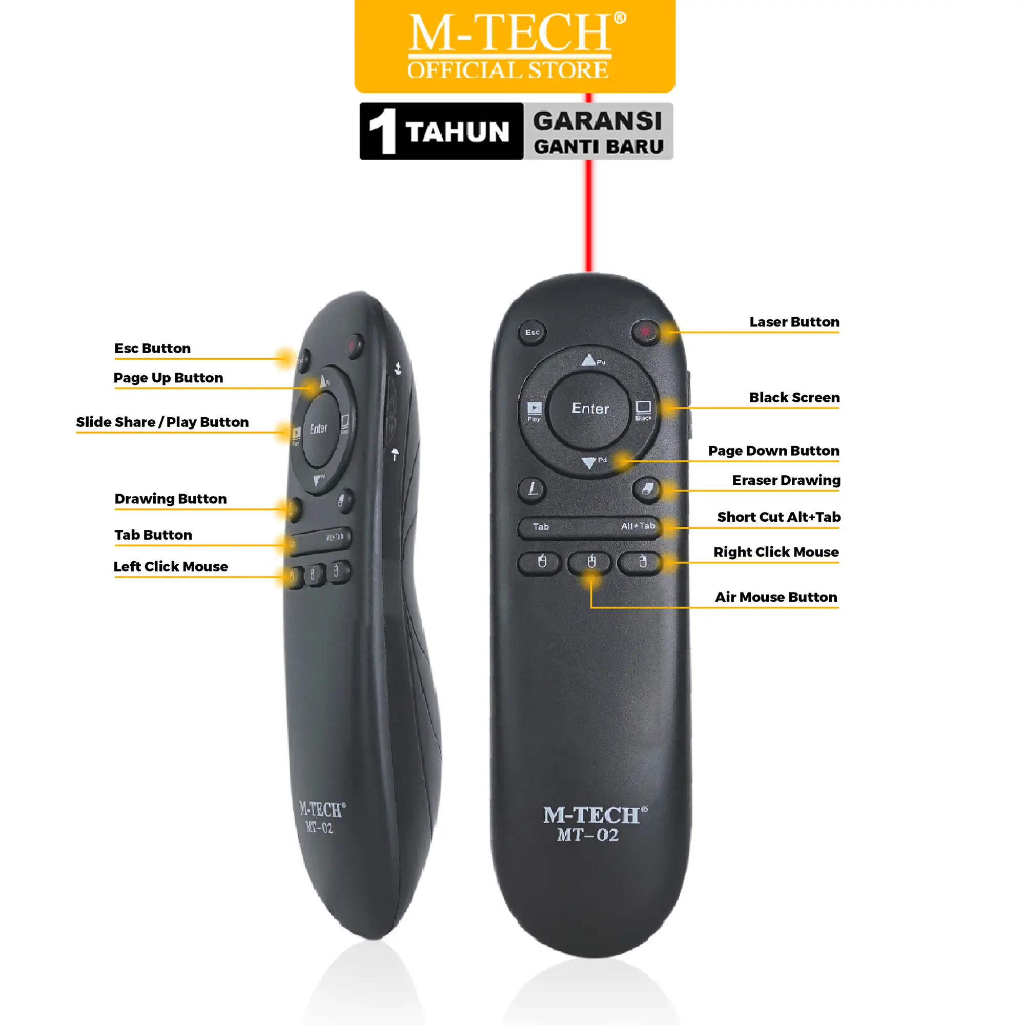 MTECH Laser Pointer Wireless MT - 02 Alat Presentasi Airmouse Mouse Remote Control USB - Garansi 1 Tahun Ganti Baru