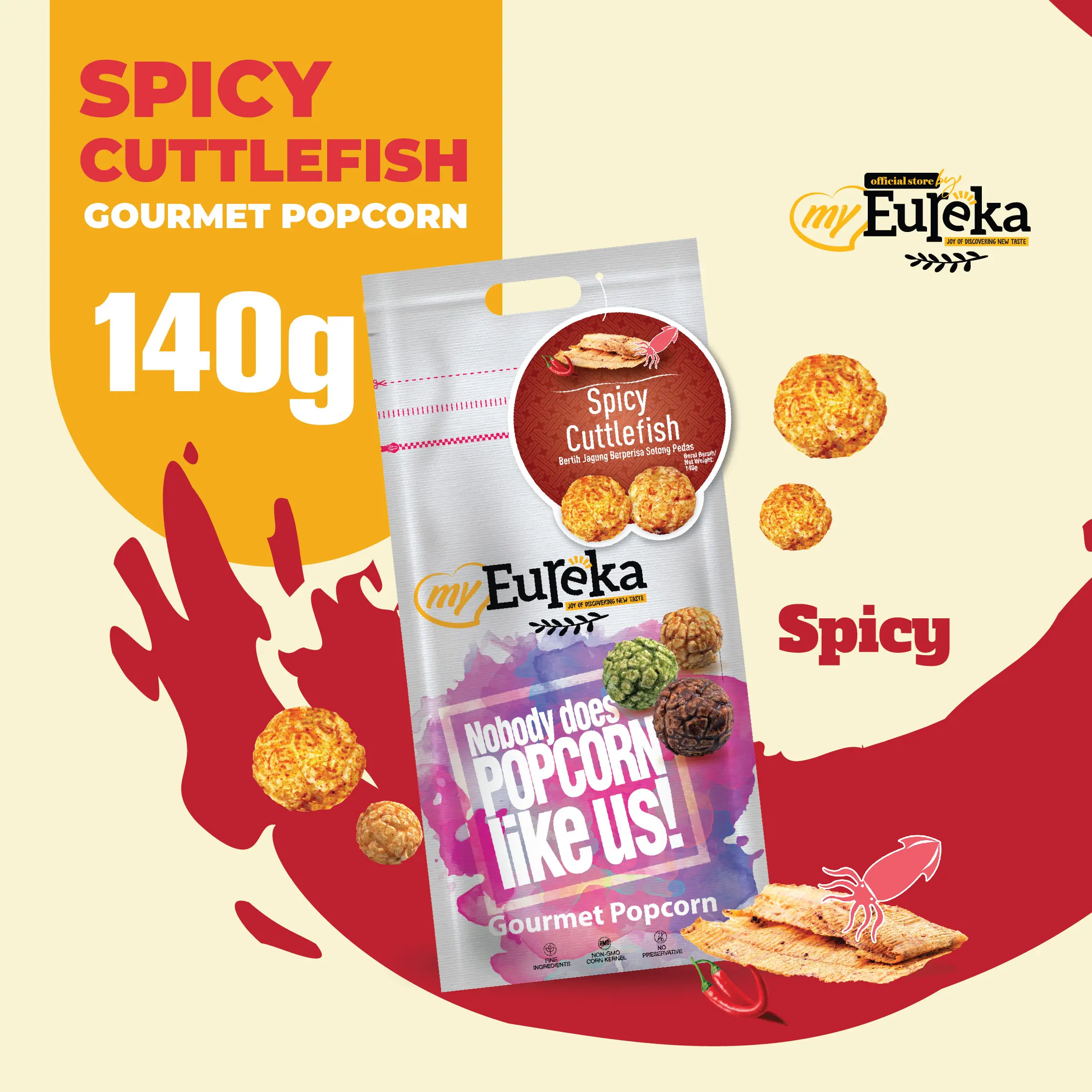 Eureka Spicy Cuttlefish Gourmet Popcorn 140g Aluminum Pack Spicy Treat