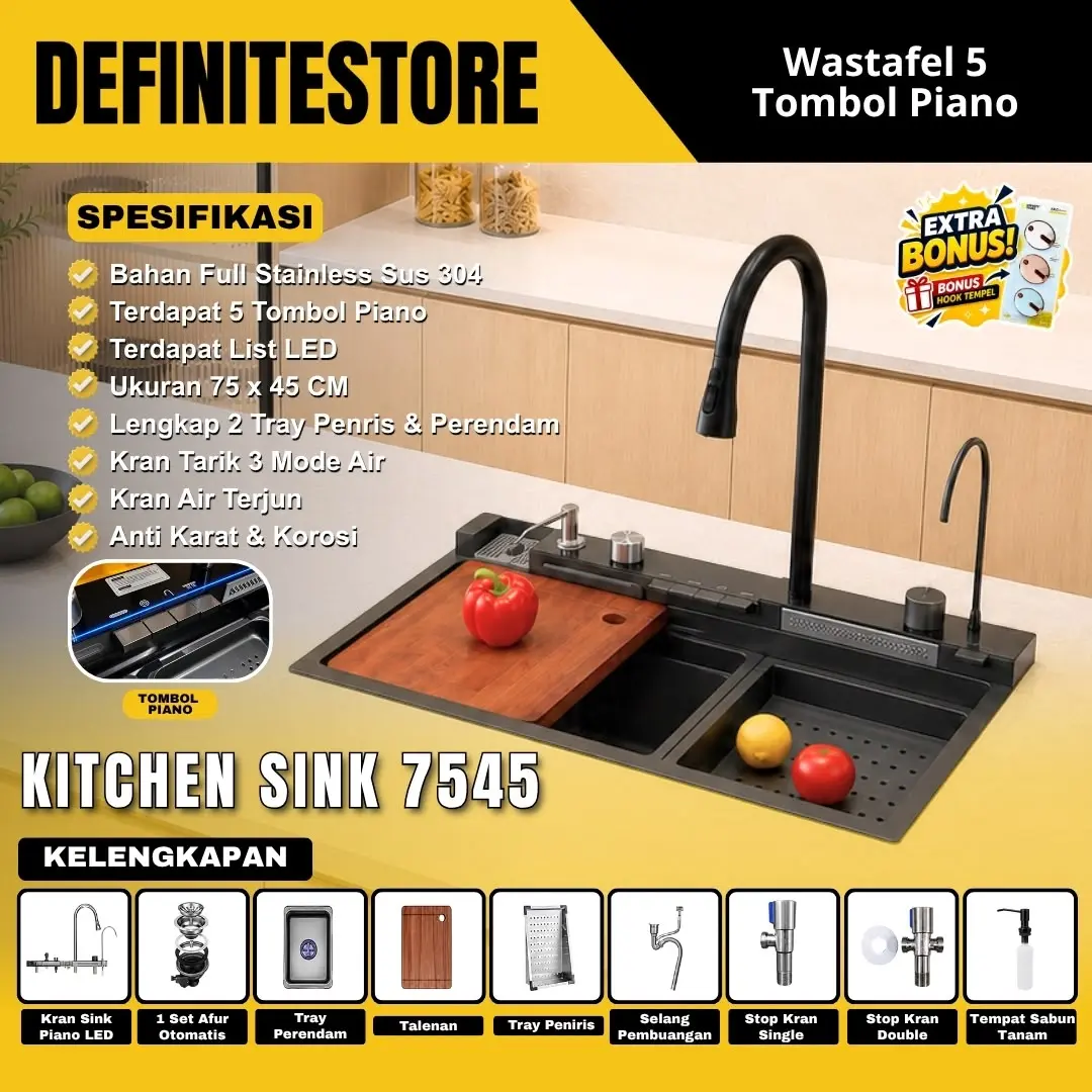 Kitchen Sink 7545 Wastafel Dapur Multifungsi 2 Bak Stainless Steel Nano Black Hitam 5 Tombol Piano Kran Tarik Pull Out Waterfall Bak Cuci Piring Modern Anti Karat Anti korosi