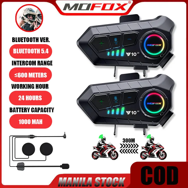 MOFOX Y10-2X Motorcycle Intercom Headset Bluetooth Wireless Headset Voice Control For 2 Rider Electronic Chargeable Audio Water Proof Charging Walkie Plastic