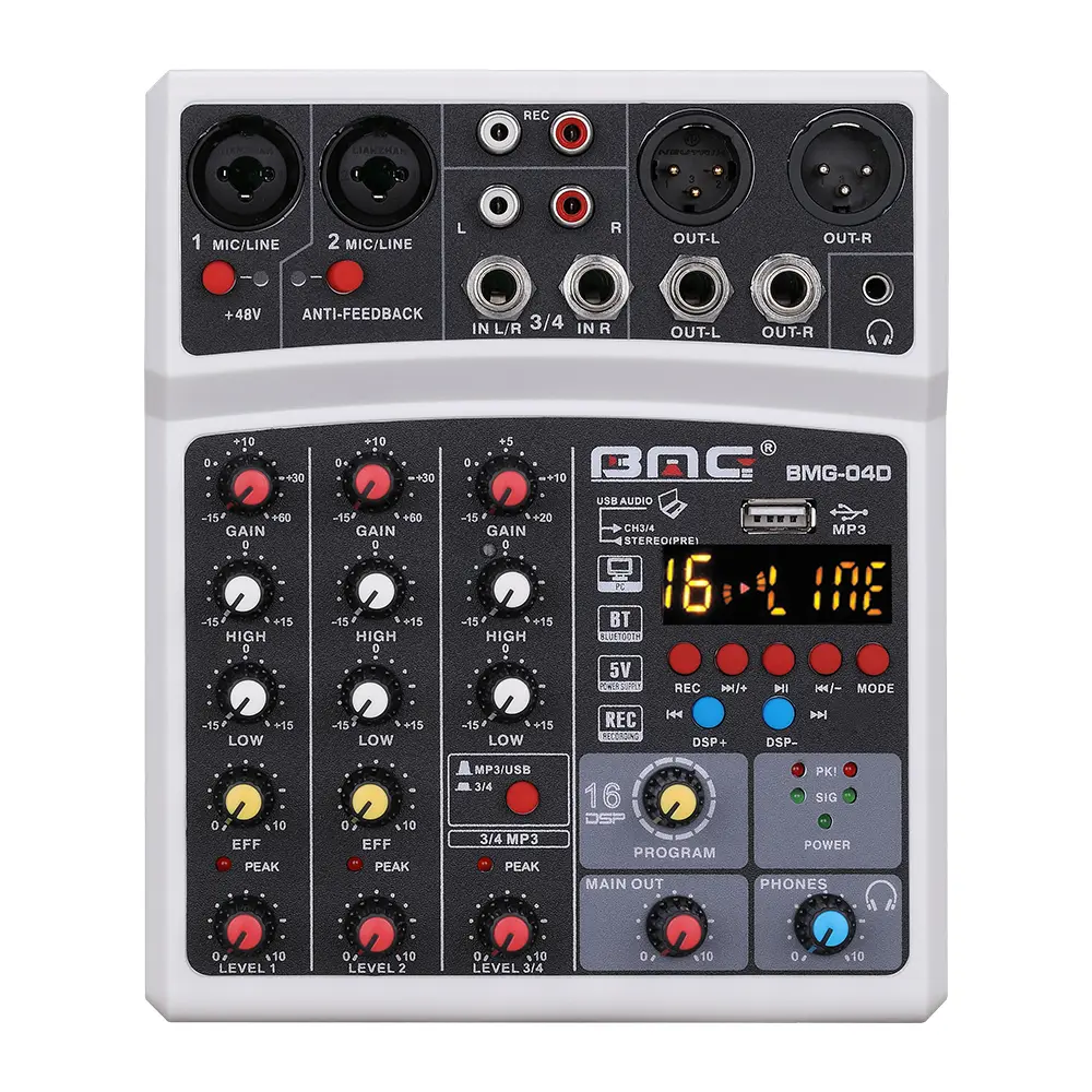 BOMGE Professional 4 Channel DJ Audio Sound Mixer Interface Mixing Console Desktop Karaoke with MP3 Input, USB, Bluetooth Input, Stereo Recording, 48V Phantom Power, 16 Echo/Delay DSP Processor