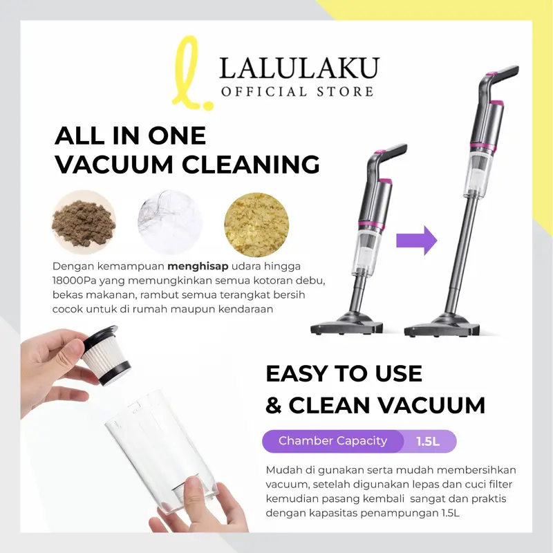 La Natuna Vacuum Cleaner 5in1 Kapasitas 1.5 Liter 8500Pa Portable Mini Penyedot Debu 120W Rechargeable vacuum tanpa kabel 1