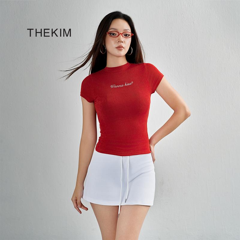 THEKIM Áo thun babytee ngắn tay WANNA KISS chất liệu ánh nhũ cổ cao , áo thun baby tee tay ngắn ôm body T265