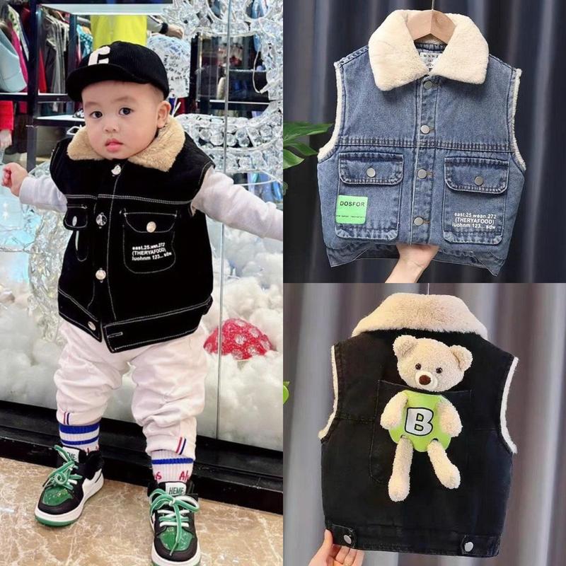   Tặng Gấu Bông  Áo gile Lót Lông chất vải jean dành cho bé trai hottrend 2025 mặc mùa đông có đủ size từ 9kg -33kg có thể giặt máy khoác boy phố trẻ em 