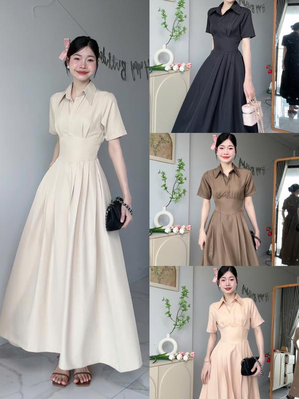 [Đ.23-D] Đầm Sơmi Cổ V Tay Ngắn Chéo Hàn Dáng Dài Women Top Dress (Bo Chun Lưng - Có Túi) | Tũm Clothing