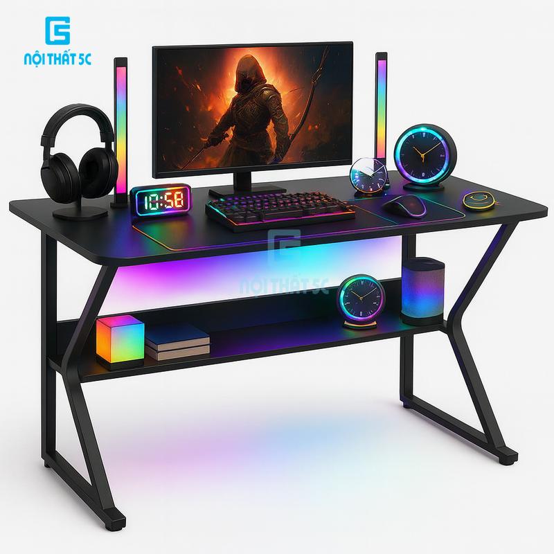   NỘI THẤT 5C  Bàn gaming bàn làm việc Nội Thất 5C chân chữ K gaming thiết kế tinh tế hiện đại sắt hộp 2x4cm sơn tĩnh điện bàn để máy tính PC học tập có 2 nắp luồn dây điện tiện lợi mặt bàn MDF phong cách gaming dày 15mm 