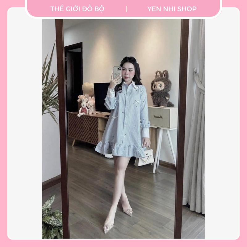 (Bigsize45-90kg){ Mới } Đầm Sơ Mi Tay Dài Hoạ Tiết NƠ Form Rộng Kiểu Dáng Váy Babydoll + Kèm Quần Bảo Hộ