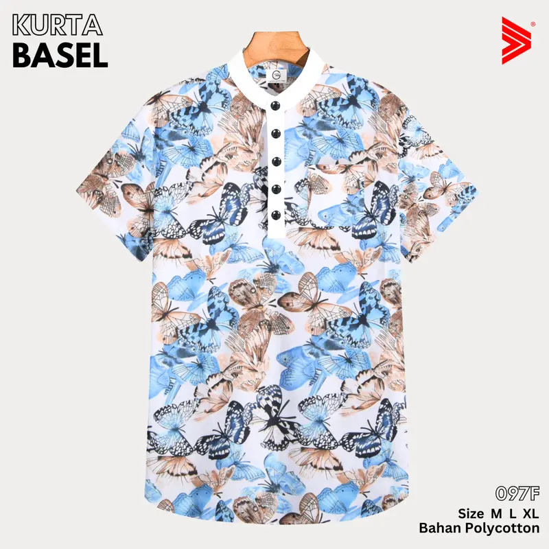Tiagan99 Kemeja Koko Kurta Pria Shanghai Lengan Pendek Motif Biru Putih Bahan Katun Series Basel 3