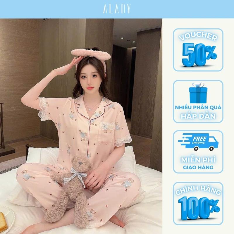 ALADY TN006 - Đồ bộ Pijama tay ngắn hoạ tiết dễ thương với chất liệu lụa Latin cao cấp, mềm mại và thoáng mát Quần Ngủ Áo Ngủ