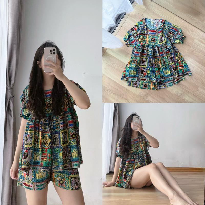 ̂̉ ̂̉ Bộ Tole Lanh áo cộc tay quần đùi dáng babydoll hoạ tiết thổ cẩm