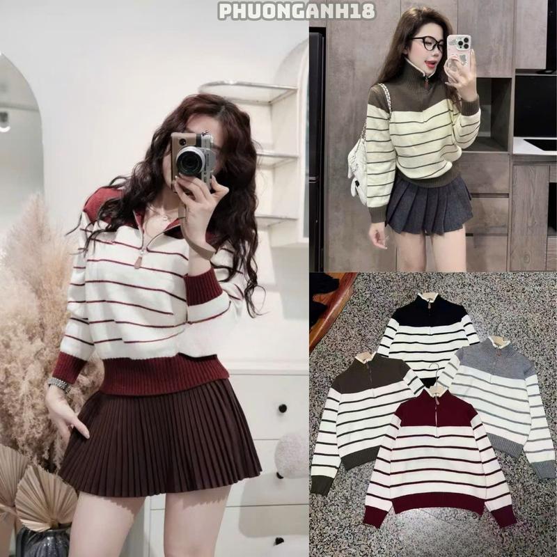 Hàng QC Áo len Polo kéo khóa phối kẻ ngang có hình thêu A057
