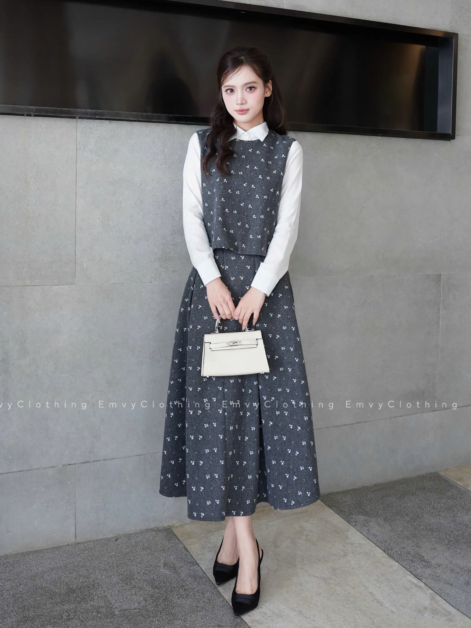 EV111-EmvyClothing Set bộ nhiều chi tiết chất dạ ép in hoa nhí thanh lịch tiểu thư nhiều chi tiết tinh tế chất liệu dạ ép mềm mại in hoa nhí thanh lịch phù hợp cho nhiều dịp | BigBuy360 - bigbuy360.vn