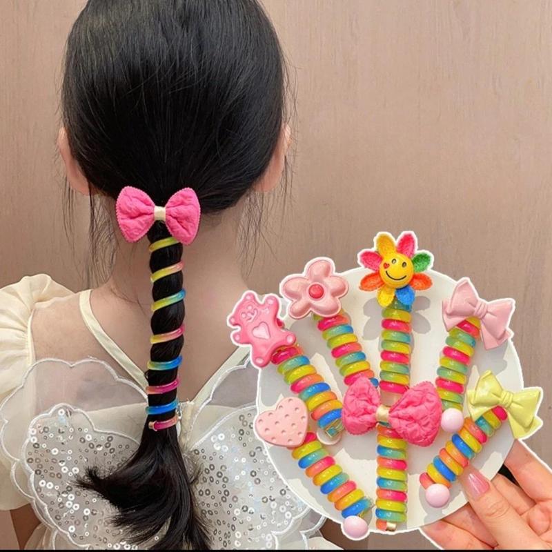 Dây Buộc Tóc Cho Trẻ Em, 2 Cái, Dễ Thương, Nhiều Màu Sắc, Đường Dây Điện Thoại, Dây Buộc Tóc Cho Bé Gái, Hoa Hoạt Hình, Co Giãn, Tóc Đuôi Ngựa Đôi, Dây Buộc Tóc Xoăn 1