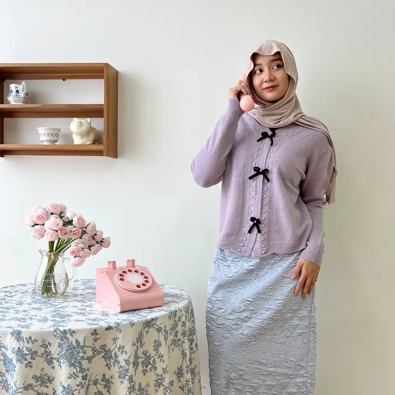 Belle Bow Knit Sweater Cardigan - Coquette Looks Rajut Pita - Bling It On Top Knitwear Wanita Atasan Panjang Kancing Baju 3