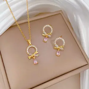 CCN Jewelry kalung Anting Sepaket Titanium Wanita Anti Karat Lapis Emas Berlian Perhiasan Anti Karat Anti Luntur Cantik Aneka Variasi D245 D246