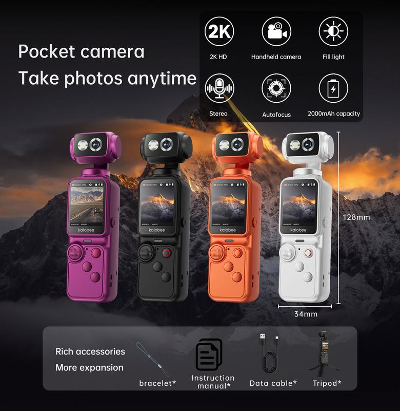 Máy quay pocket Kalobee 2K HD, máy quay video kỹ thuật số di động với lấy nét tự động, đèn hỗ trợ, pin 2000 mAh, máy quay mini cho vlog, du lịch và ghi lại cuộc sống hàng ngày